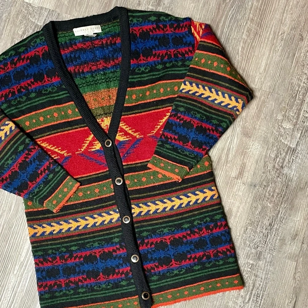 Vintage 1990s Kathryn Deene New York Wool Blend Western Knit Cardigan - Picture 3 of 12
